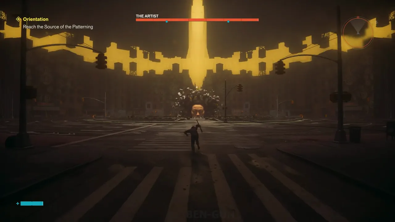 The Artist boss arena with its health bar and two blue markers