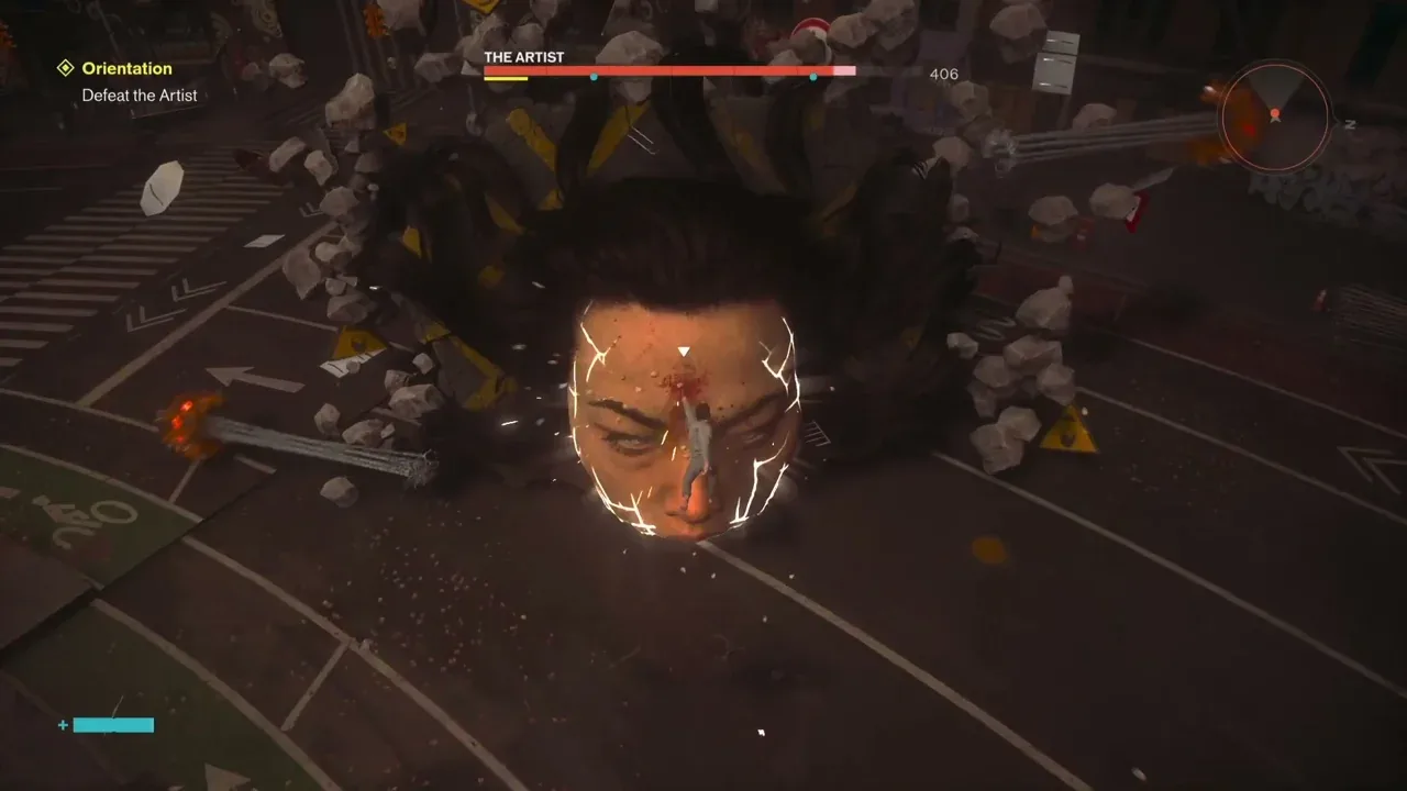 Jumping to The Artist's forehead while its poles sweep underneath