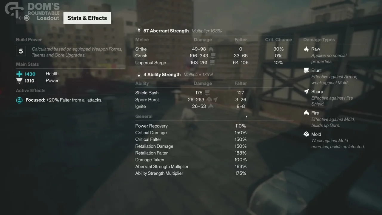 Build Power, weapon statistics and damage types in Stats & Effects