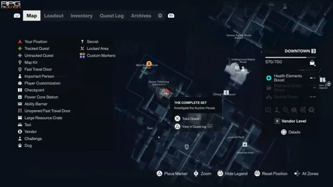 The Complete Set marker on the Downtown map: Investigate the Auction House