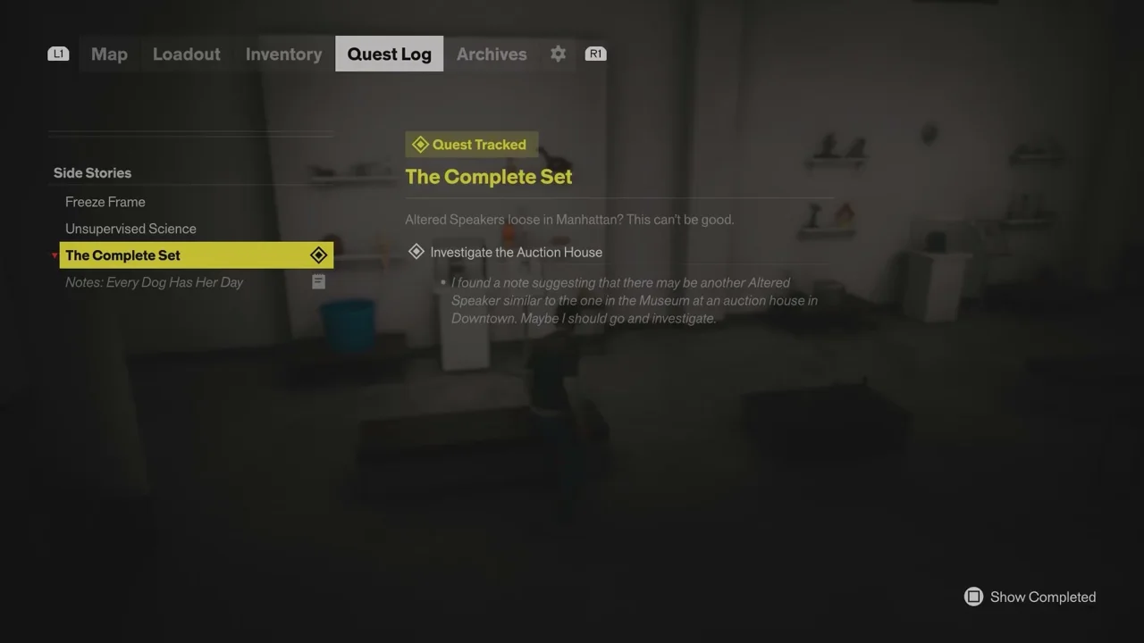 The Complete Set quest log entry under Side Stories, tracked from the museum clue