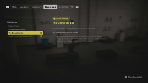 The Complete Set quest log entry under Side Stories, tracked from the museum clue