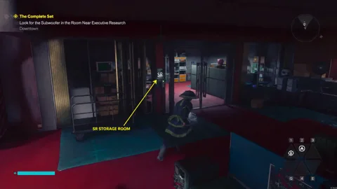 The SR-marked storage room door, arrow added