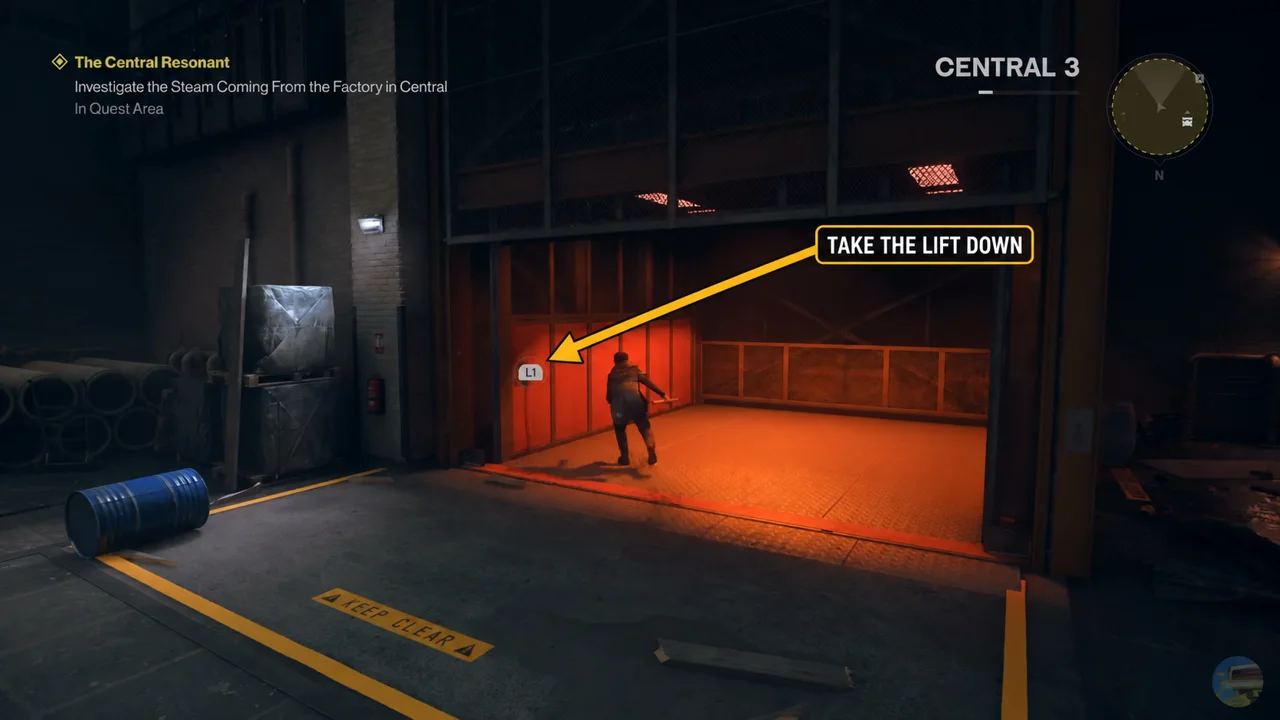 Red cargo lift down to the underground pipe area, arrow added for orientation