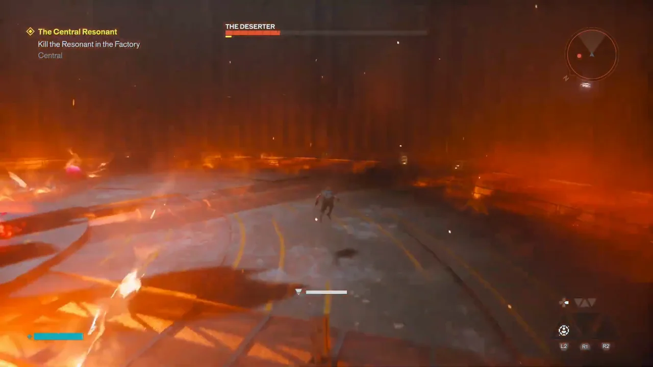 The Deserter healing phase: purple sacs appear, its health bar refills, and breaking each sac cuts it back down