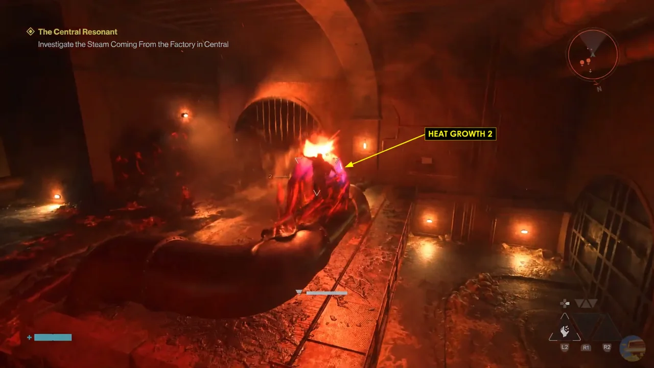 Second heat growth on the overhead pipe in the red-lit side room, arrow added