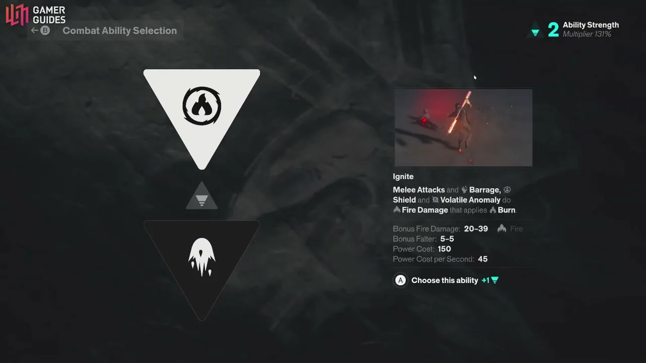 Ignite reward menu at Ability Strength 2, 131% multiplier: bonus Fire Damage 20-39 and Burn buildup