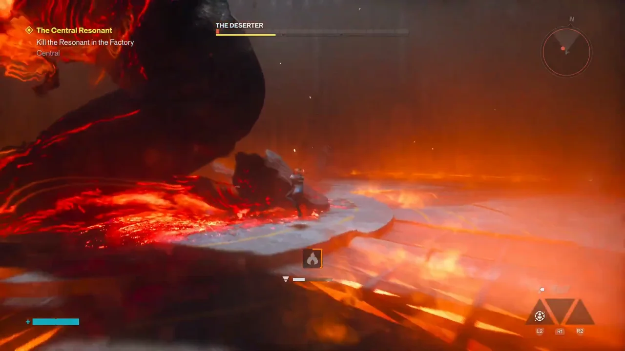 Late-fight close-range hits with burning floor panels, short combos then jump out