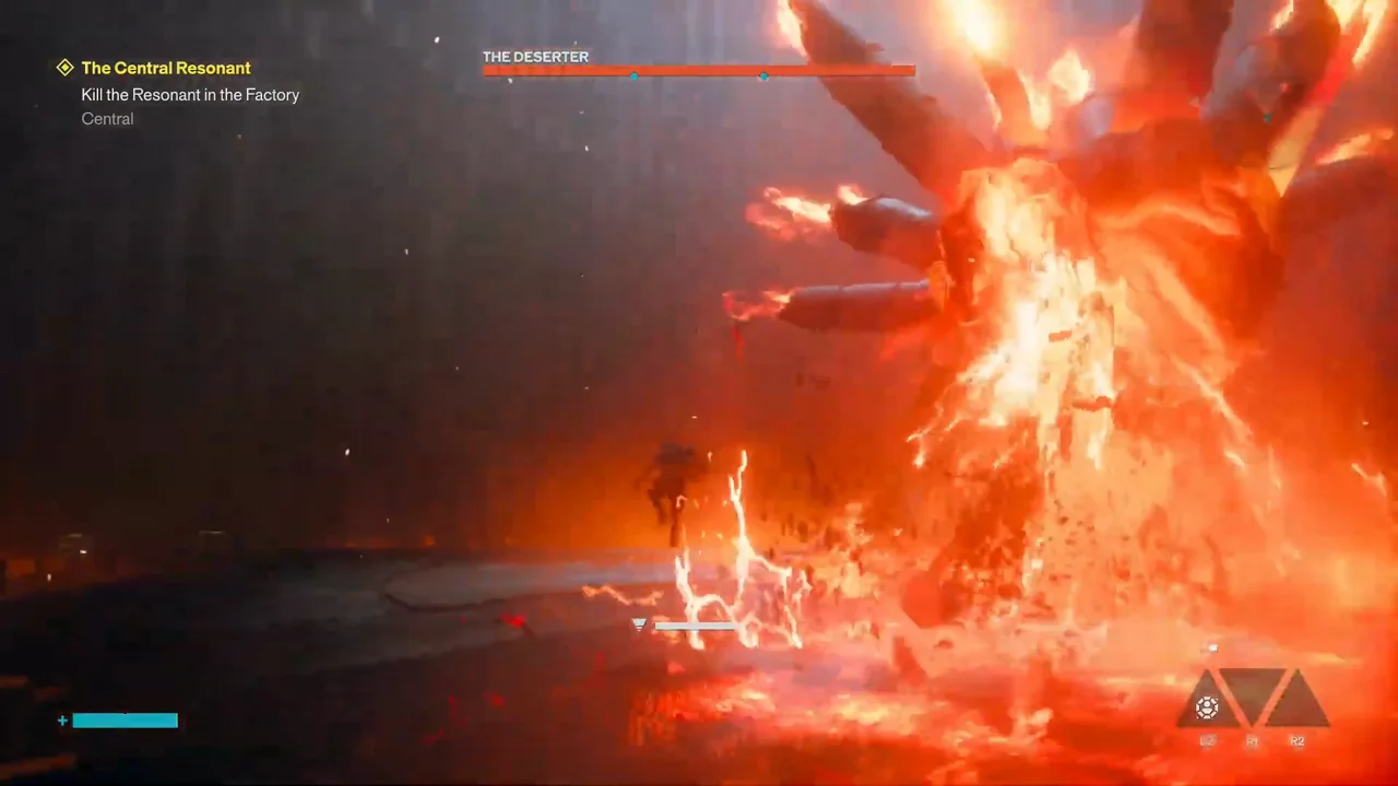 The Deserter tracks a lava spew across the arena while the player strafes sideways