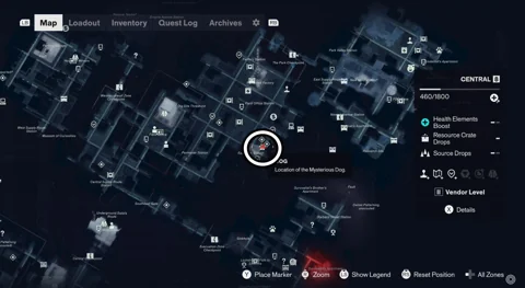 Central dog location circled on the map north of East Park Station
