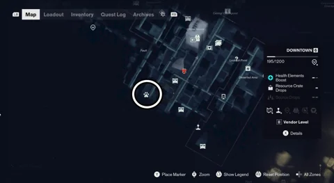 Downtown dog location circled on the map near the Oldest House road break