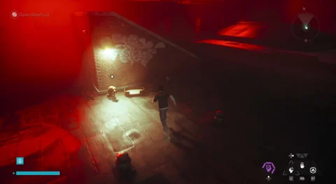 Dog resting on the inverted ceiling terrace under red warning lights