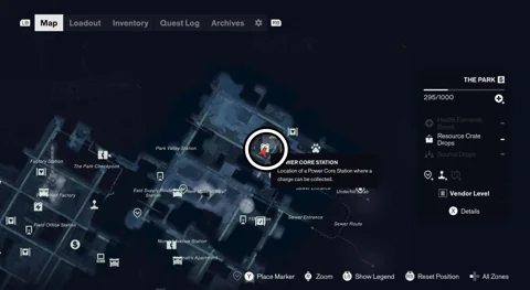 Power Core Station location circled on the map in The Park