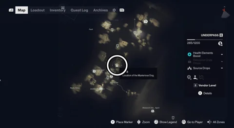 Underpass dog location circled on the map near Research Stations