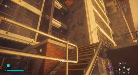 Jumping across to the inverted balcony under the BAR sign