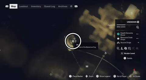 Unknown dog location circled on the map on Tower Island