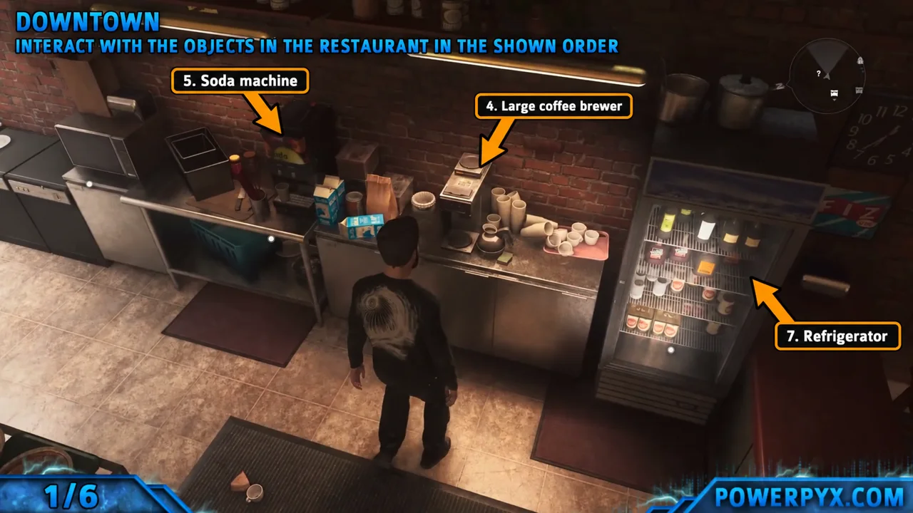 Arrows marking the large coffee brewer, the soda machine and the refrigerator on the cafe counter