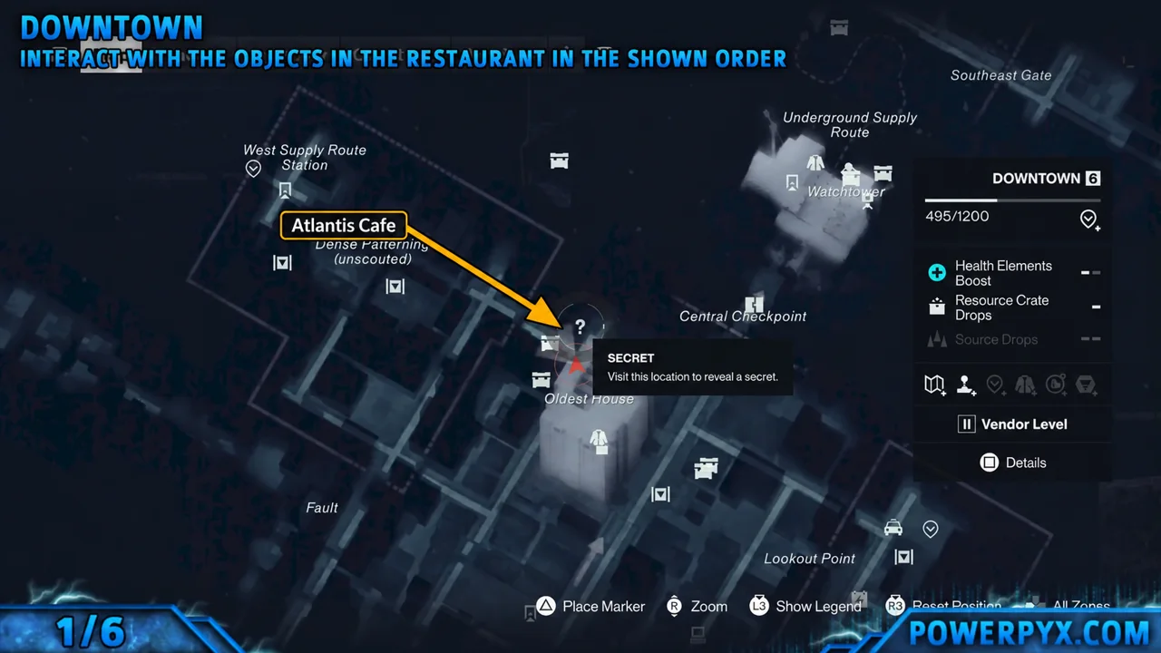 Map marking the Downtown Atlantis Cafe Secret Hideout near the Oldest House