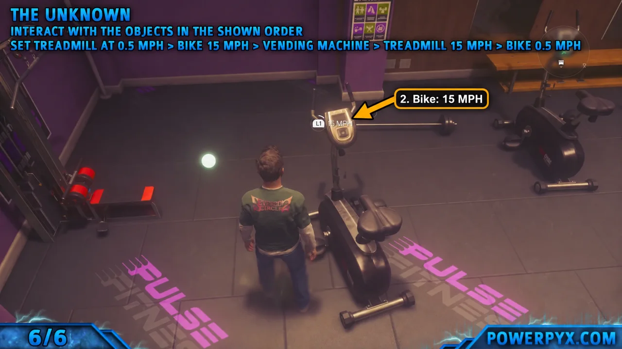 The bike interaction prompt reading 15 MPH at Pulse Fitness