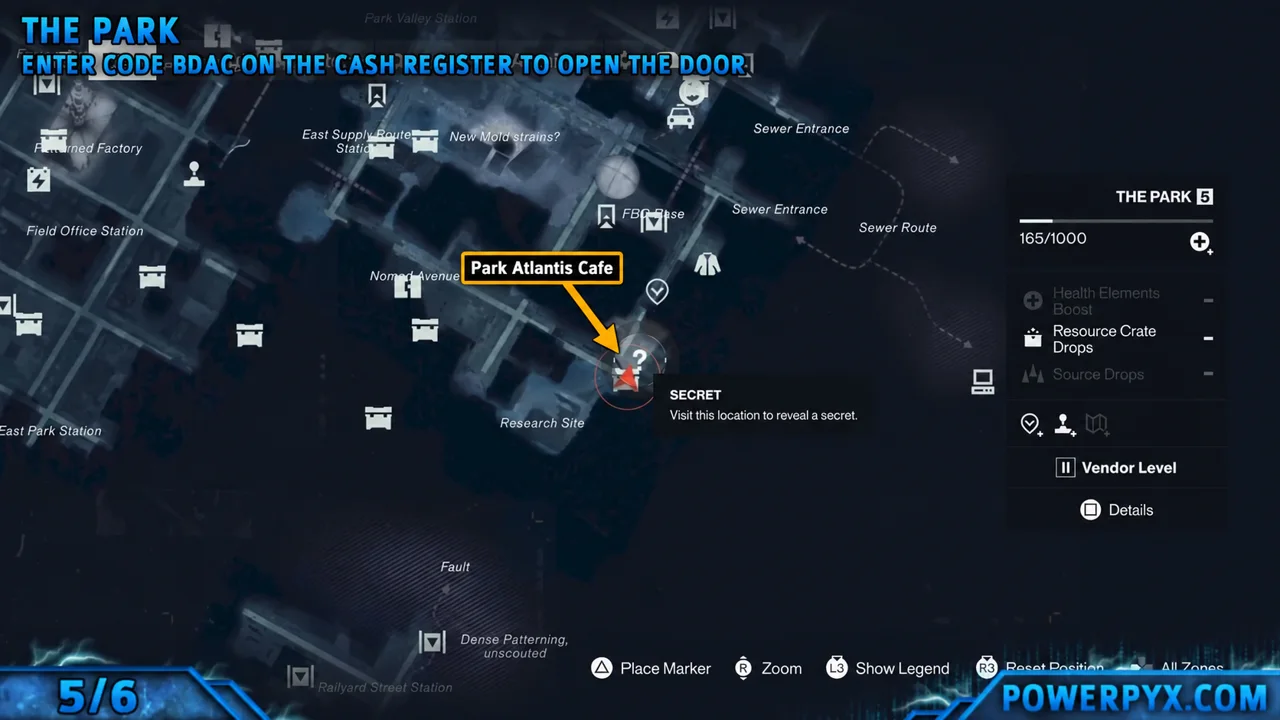 Map marking the Park Atlantis Cafe Secret Hideout near Research Site