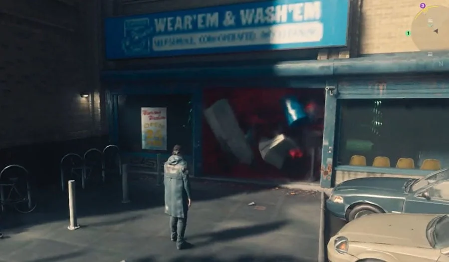 The laundromat doorway blocked by floating Hiss debris
