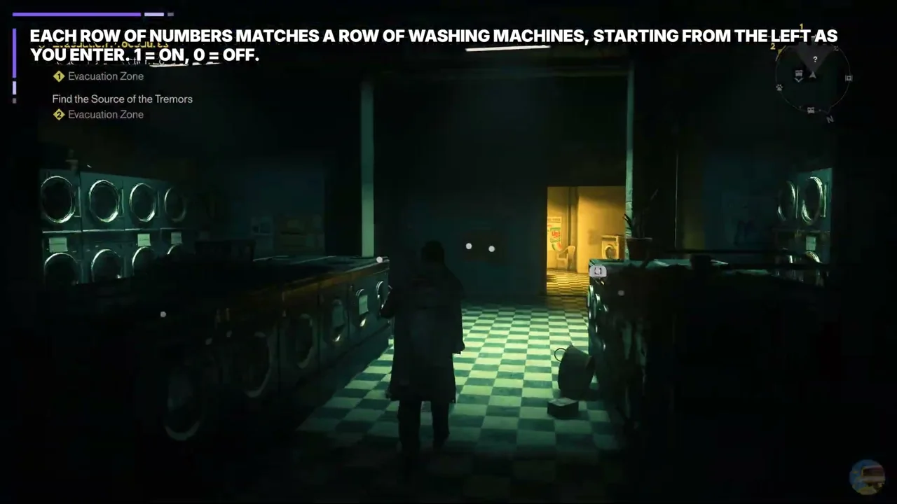The laundromat from the entrance: left wall, two center islands, right wall, break room at the back