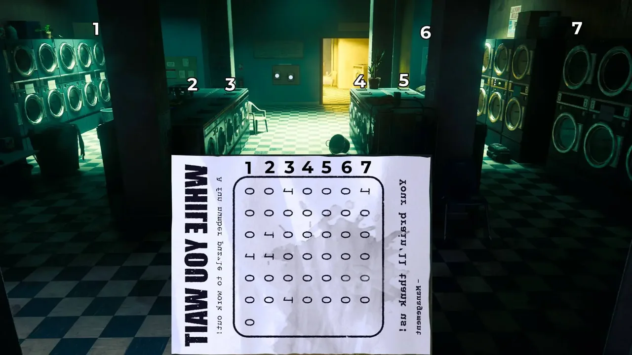 The seven rows numbered over the room: left wall, island faces, right wall sections