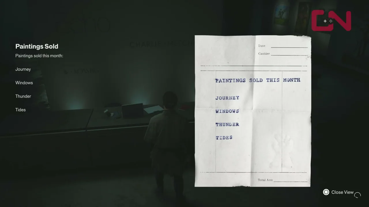 The Paintings Sold note on the front desk, listing Journey, Windows, Thunder and Tides