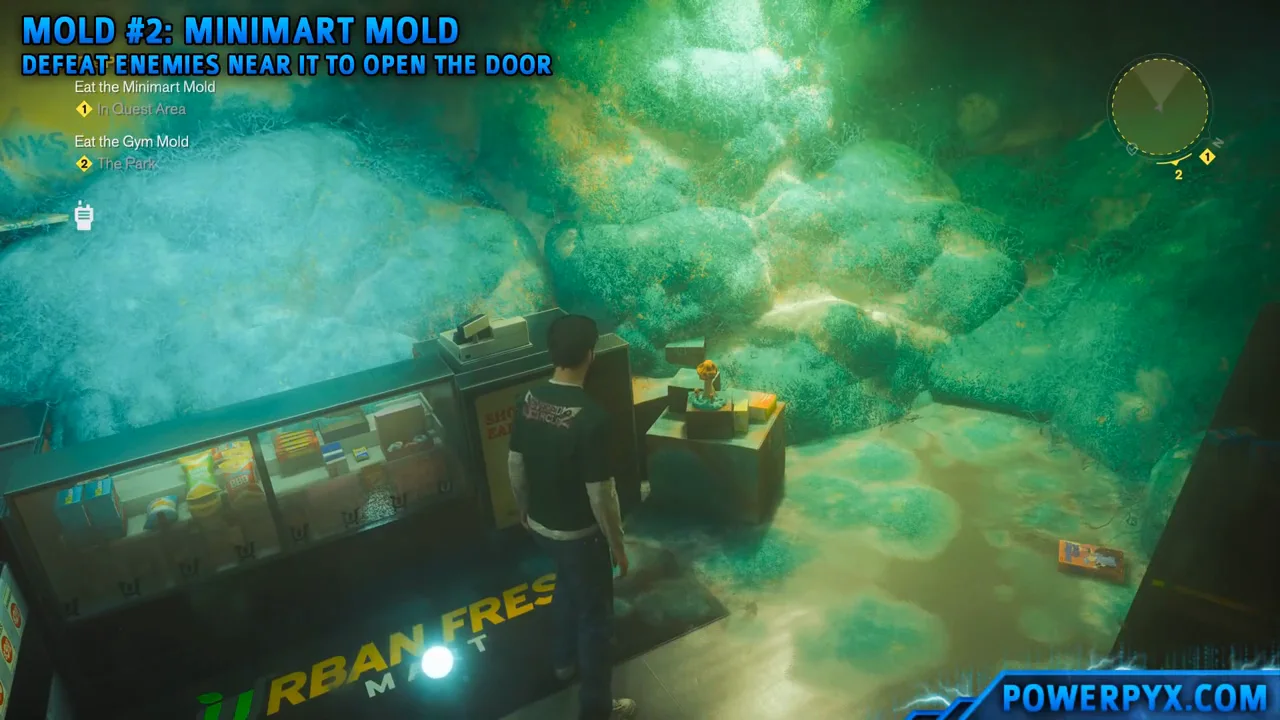 Approaching the Minimart counter and eating its mold