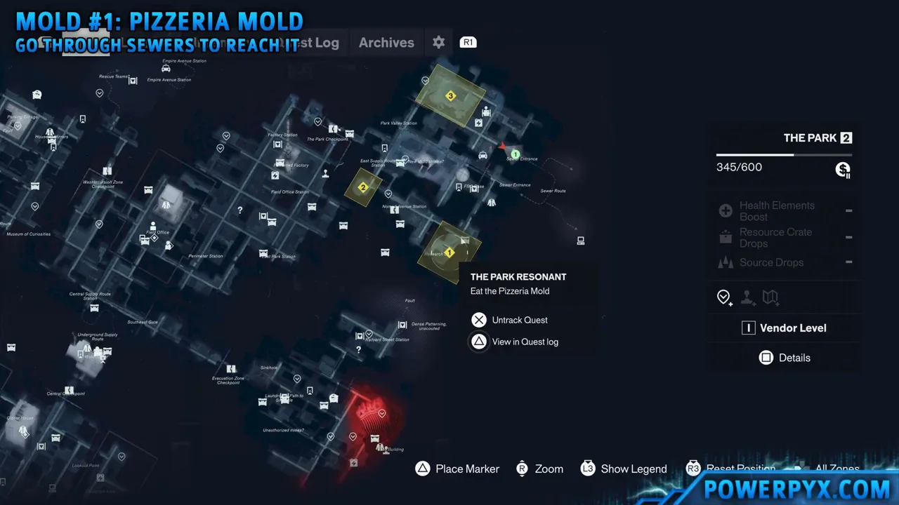 The Park map with the Pizzeria mold objective marked