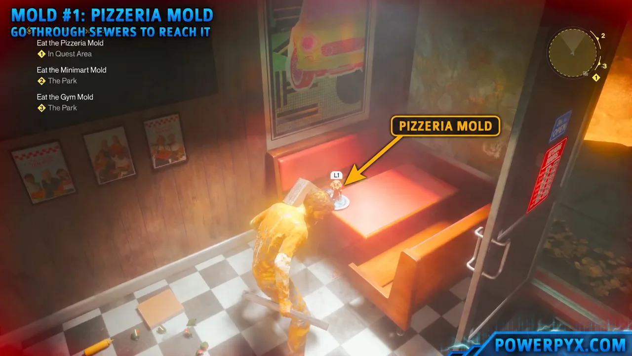 The pizzeria mold target on the booth table, arrow added