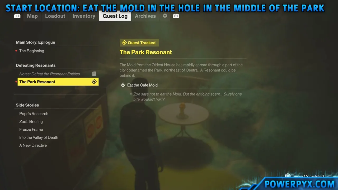 The Park Resonant listed under Defeating Resonants in the quest log