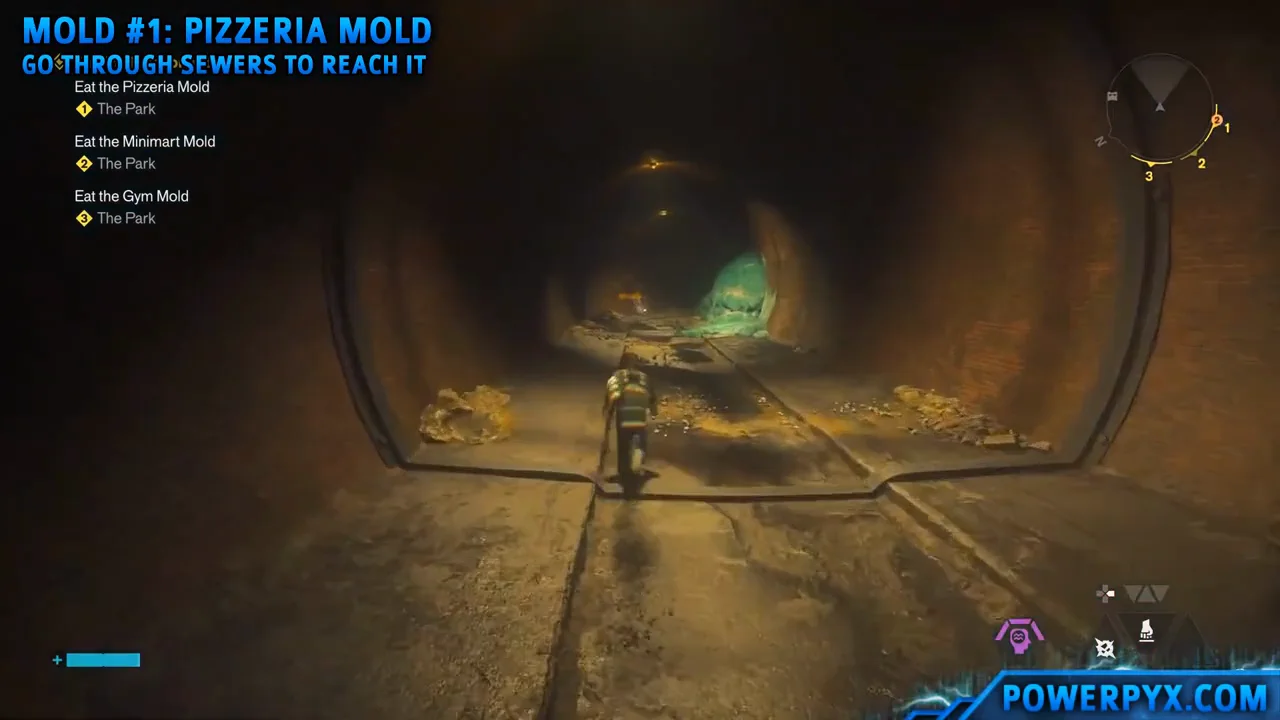 The underground route to the pizzeria, following the FBC arrows