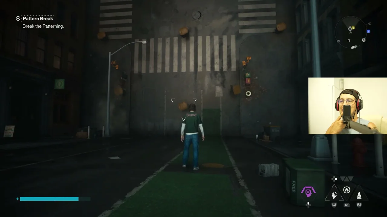 A Pattern Break in progress: floating objects against the striped wall, with the Break the Patterning objective