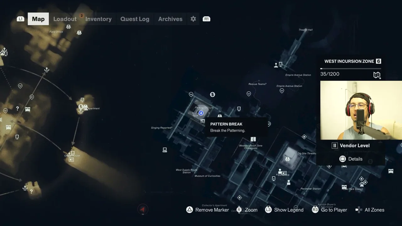 The Pattern Break marker on the West Incursion Zone map, near the Parking Garage