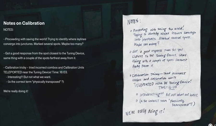 The Notes on Calibration readable: closest and farthest spots answer, wrong combos teleport the units