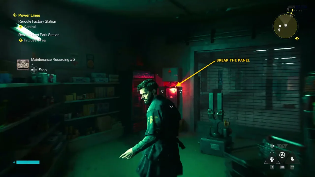 Break the red control panel to open the shutter, arrow added
