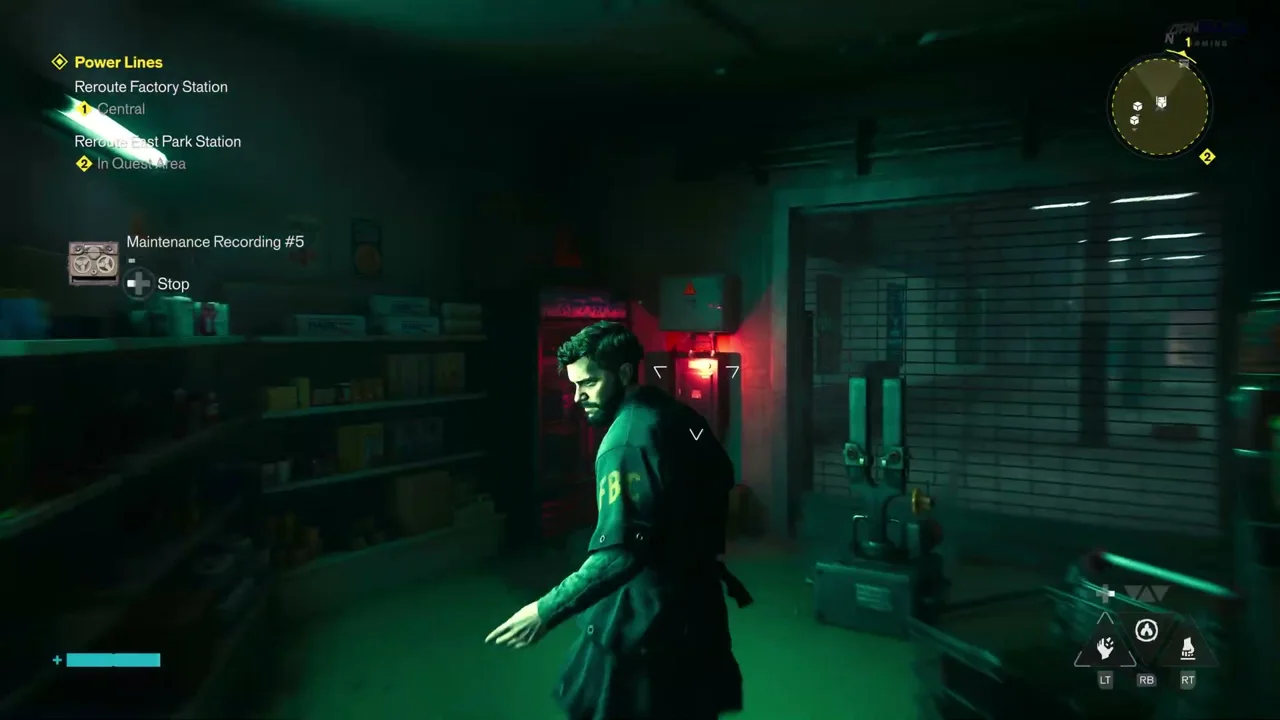 Inside the locked East Park shop after teleporting in, red control panel glowing