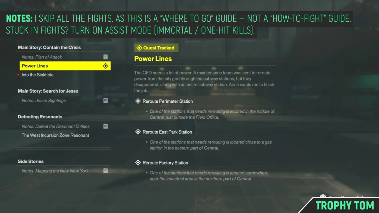 The Power Lines quest log entry under Main Story: Contain the Crisis, with the three Reroute objectives
