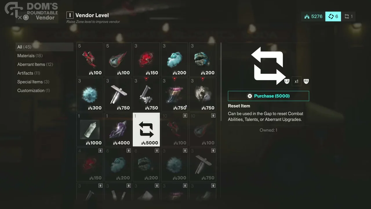 Vendor Reset Item: price and supported upgrade resets