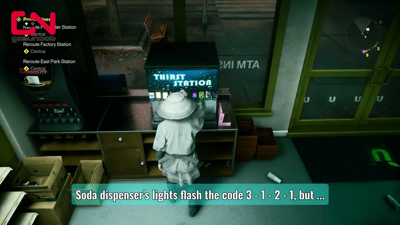 The Thirst Station soda machine in the Urban Fresh Mart; the author caption reads the flashing code 3-1-2-1