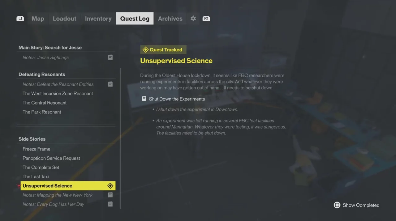 The quest log showing the Downtown experiment shut down, under Unsupervised Science