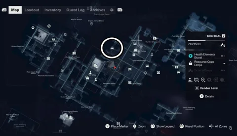 Central taxi location circled on the sector map