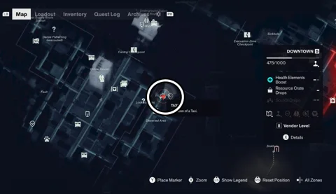 Downtown taxi location circled on the sector map