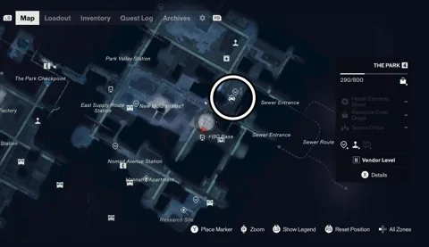 The Park taxi location circled on the sector map