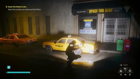 Two yellow taxis on a dark street, one with headlights on and an Enter Taxi prompt