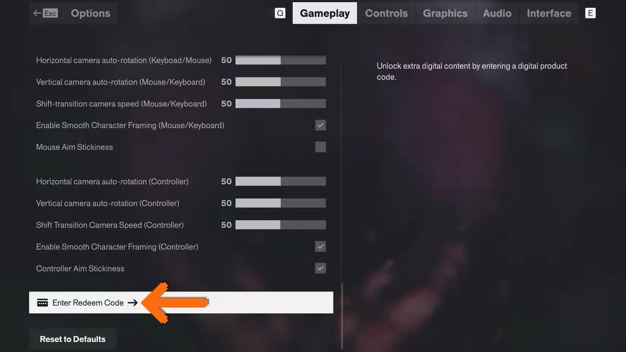 CONTROL Resonant Options > Gameplay menu with the Enter Redeem Code option
