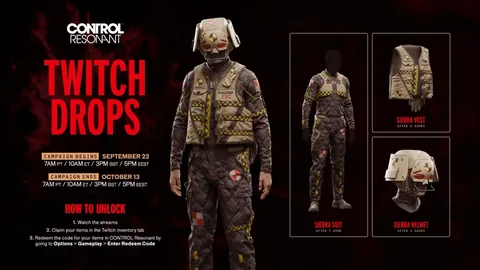 Official CONTROL Resonant Twitch Drops art: Dylan's Sierra Suit, Vest and Helmet with campaign dates