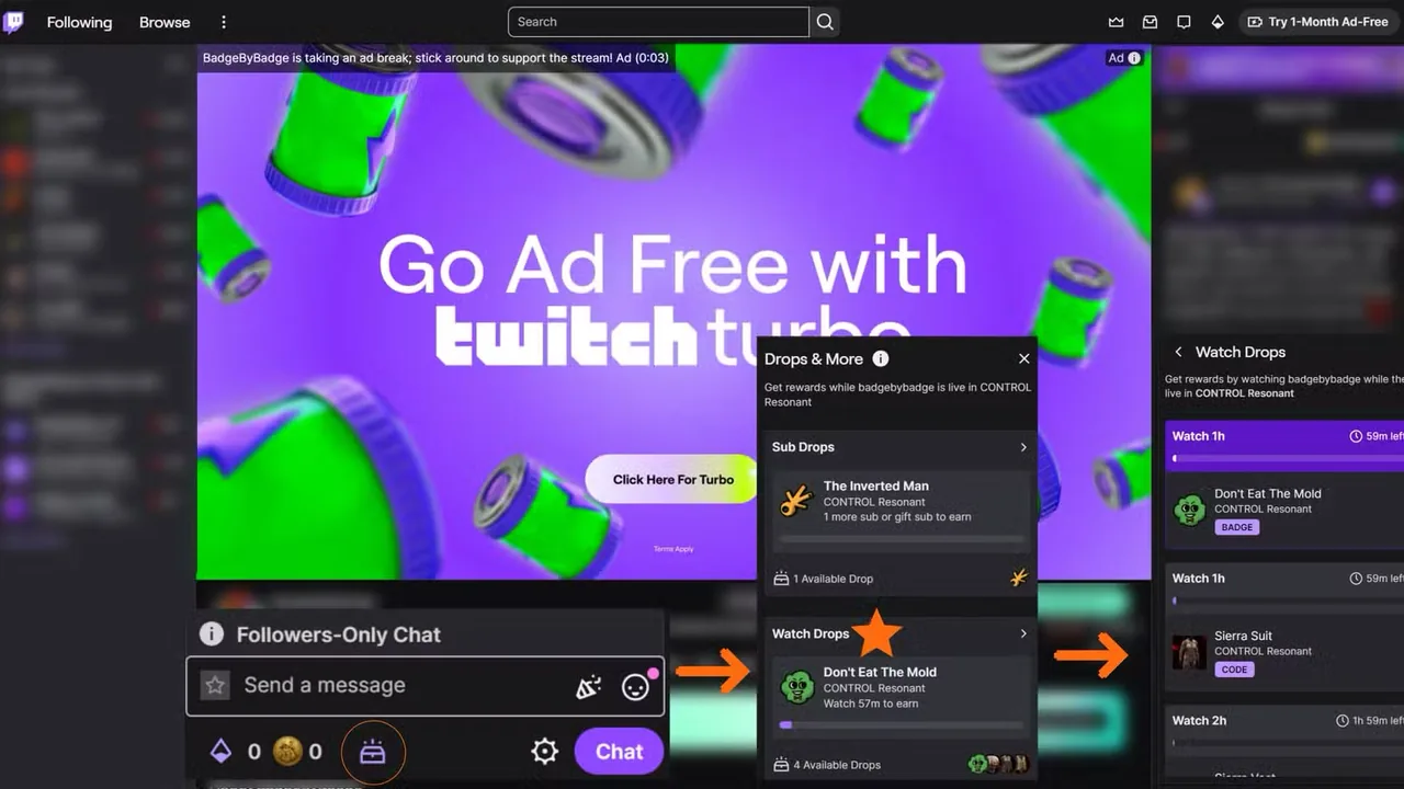 Twitch Drops & More panel on a CONTROL Resonant stream, with badge and Sierra progress