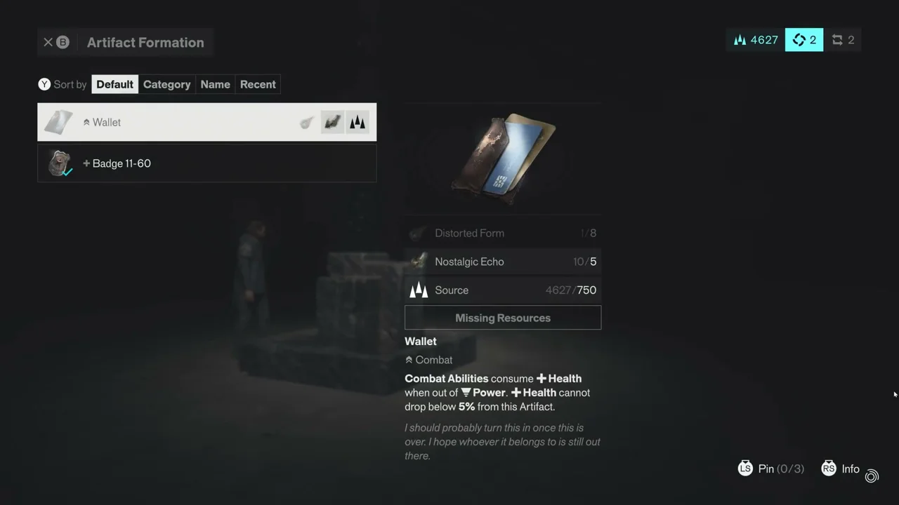 Wallet artifact formation: cost, missing resources and effect